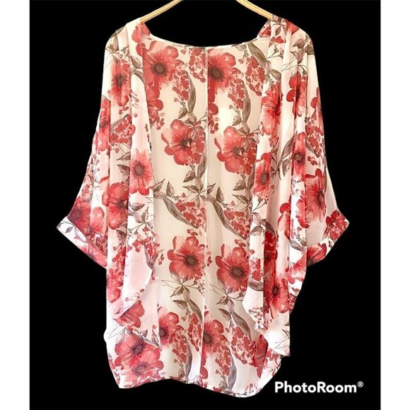 Kimono Cover Up Chiffon Floral Semi Sherr Beachy Summer Vacation Travel Cruise - Picture 1 of 5